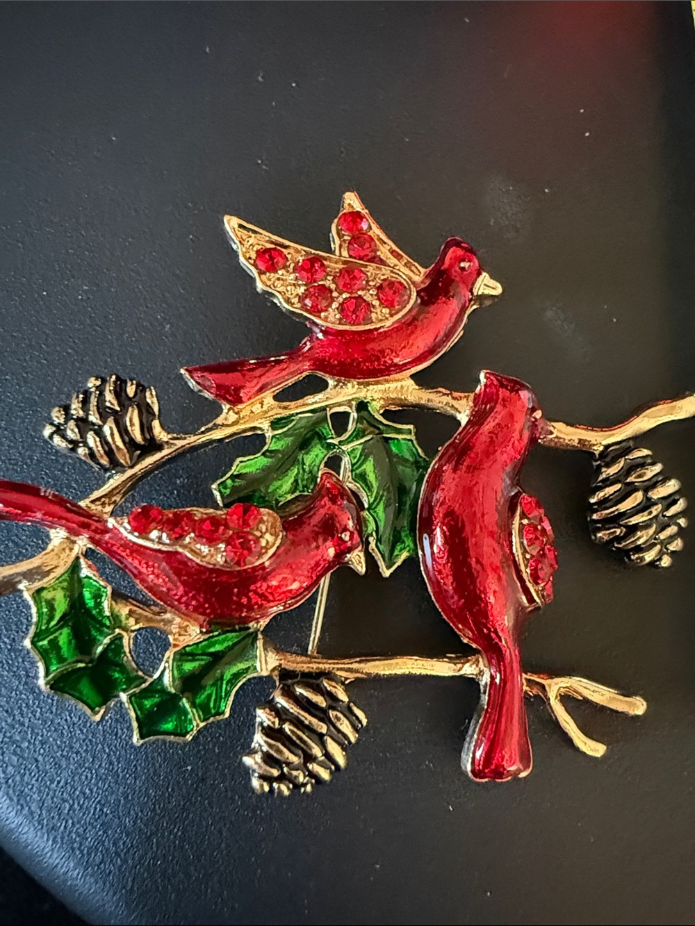Festive Red Cardinal Trio Brooch with Green Holly and Gold Accents
